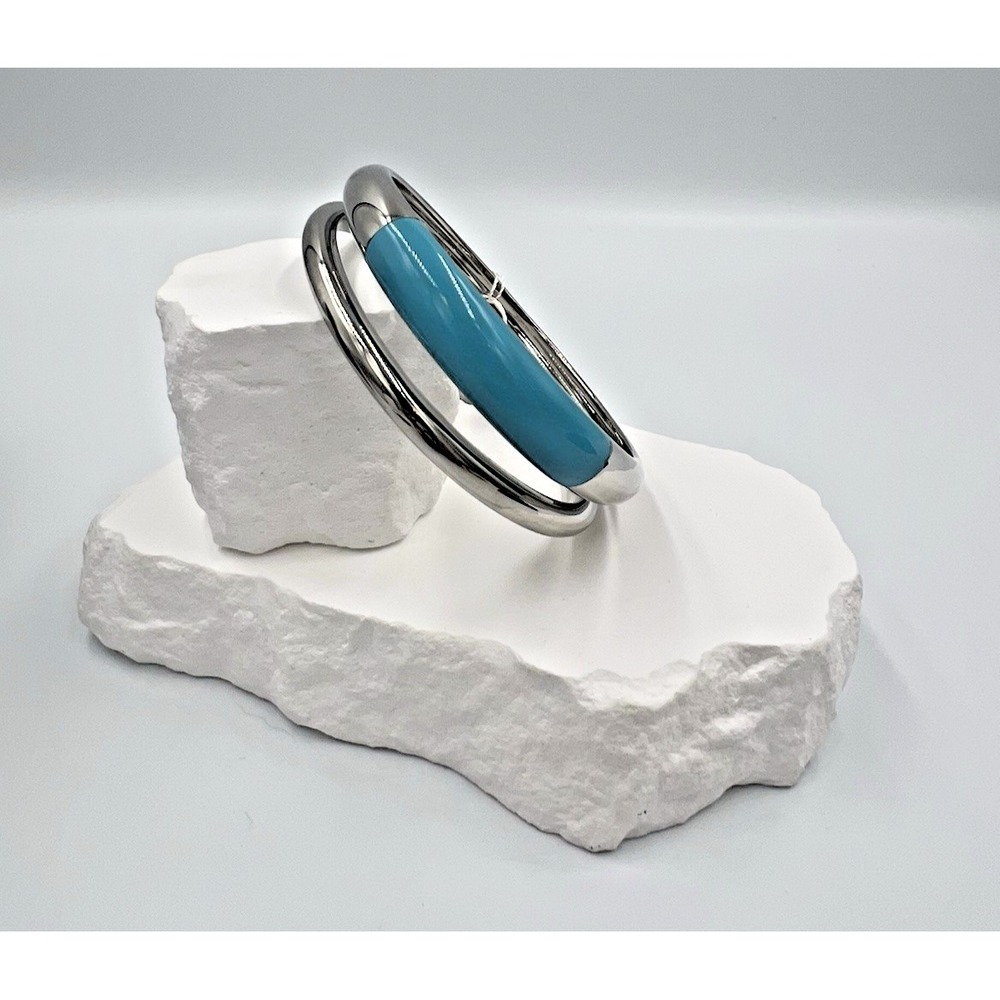 Calvin Klein Silver Tone & Turquoise Enamel Double Bangle Bracelet Size M NWT